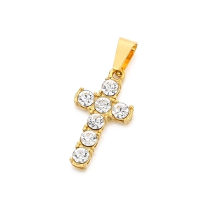 Polished gold cross pendant with clear sparkling rhinestones on a white background