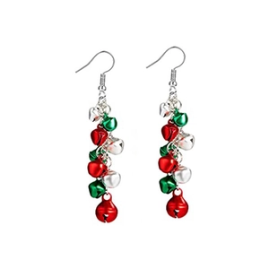 Detail of festive Christmas bell drop earrings in red, green, and silver colors