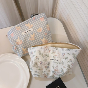 Blue plaid bear and white duck floral cotton makeup bags with top zipper closure