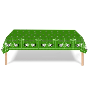 Green soccer themed tablecloth with GOAL text and football patterns for party decoration