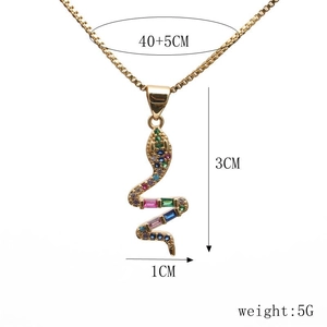 Macro detail of gold-plated snake pendant with colorful zircon stones and dimensions
