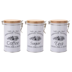 White tinplate kitchen storage canisters with wooden lids and metal buckles for coffee, tea, sugar