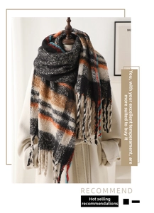 Detailed texture of thick winter plaid scarf with retro tassels and warm wool-like finish