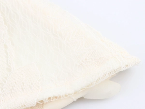 Close-up of elegant cream white lace fabric showing delicate floral mesh and stitching details