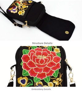 Detailed macro view of red peony embroidery and layered internal structure on small bag