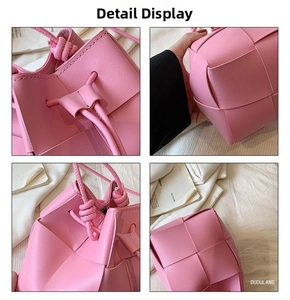 Detailed views of pink woven leather bucket bag with drawstring closure and knots