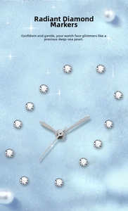 Macro shot of oval watch dial with diamond markers and blue pearlescent texture