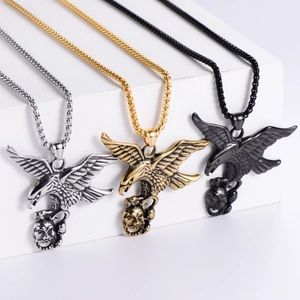 Eagle Skull Pendant Necklace Stainless Steel Retro Gothic Punk Rock Biker Jewelry For Men Silver Gold Black Tone