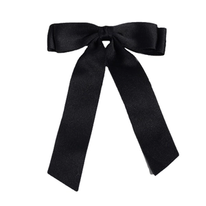 Elegant black satin bow hair clip with long streamers in a minimalist Korean INS style