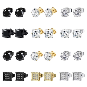 12-pair stainless steel stud earring set with round and square zircon in 3 colors