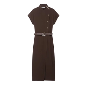 Elegant Mock Neck Short Sleeve Maxi Dress With Faux Leather Snake Print Belt Gold Buttons Coffee Polyester For Women