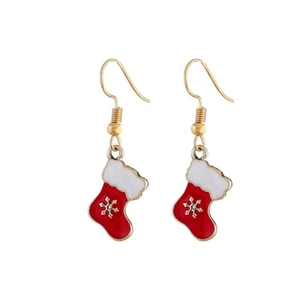Detail of Christmas stocking drop earrings with red and white enamel on golden hooks