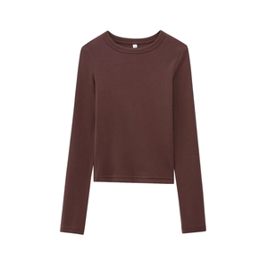 Slim fit brown modal long sleeve crew neck T-shirt for women in a flat lay style