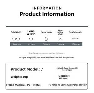 Detailed size chart for oversized square sunglasses showing frame dimensions and weight