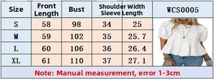 Detailed size chart for puff sleeve blouse with measurements for S to XL sizes