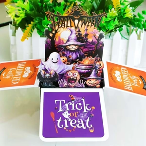 3D pop-up Halloween greeting card box with spooky festive decorations and vibrant paper carvings