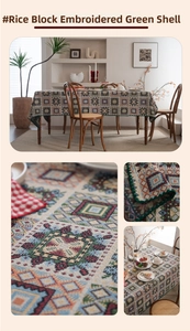 Detailed view of jacquard tablecloth with French vintage geometric patterns and embroidered edges