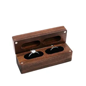 Walnut Wood Double Ring Box Magnetic Storage For Wedding Proposal Portable Vintage Jewelry Case With Velvet Lining