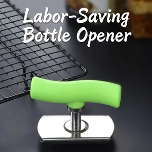 Manual stainless steel jar opener with ergonomic green handle for easy kitchen use