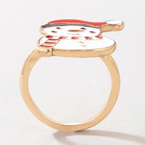 Detailed close-up of a snowman ring with red and white enamel on a gold alloy band