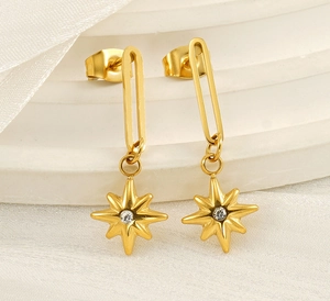 Macro view of gold plated starburst earrings with zircon stone on silk fabric