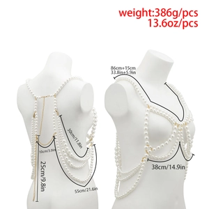 Detailed size chart for pearl body chain jewelry with measurements on front and back views