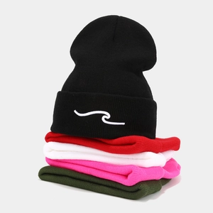 Fashionable ribbed knit beanies in multiple colors with wave embroidery for winter warmth