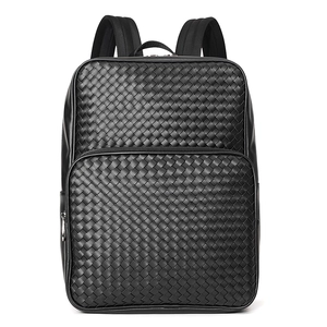 Front view of stylish black woven leather backpack for men with large capacity design