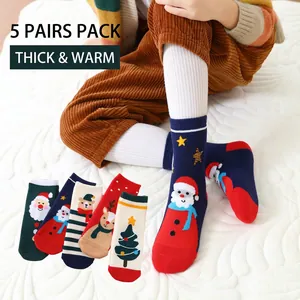 Set of 5 pairs thick Christmas socks for kids with Santa and reindeer patterns