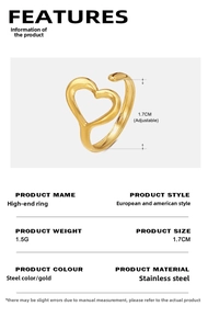 Detailed parameter chart for heart adjustable ring made of 1.5g gold stainless steel
