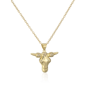 18K gold plated necklace with sparkling bull head pendant on a white background
