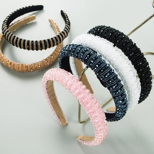 Baroque Vintage Luxurious Beaded Padded Headband For Women Alloy Rhinestone Full Drill High Crown Sponge Fashion Hair Accessory