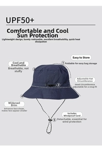 Detail of waterproof bucket hat showing adjustable drawstring and UPF 50+ breathable fabric