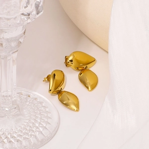 Polished 18k gold plated stainless steel double layer leaf drop earrings for women