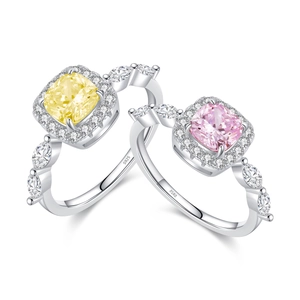 S925 sterling silver rings with square yellow and pink crystals in a luxury cushion cut