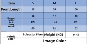 Size chart for long sleeve stand collar knit sweater with measurements for S, M, L sizes