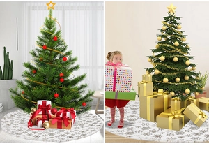 Detailed views of a white faux fur Christmas tree skirt with silver snowflake patterns