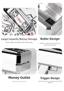 Detail view of silver money gun featuring a large capacity slot and jet roller device