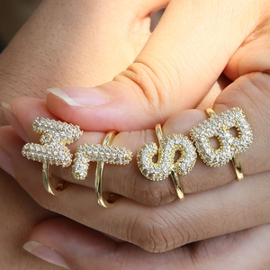 Initial Letter Ring Copper Pave Zirconia Open Adjustable Alphabet Style Fashion Jewelry For Women