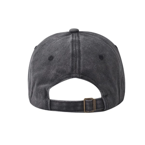 Detail of dark grey washed cotton baseball cap featuring vintage metal adjustment buckle
