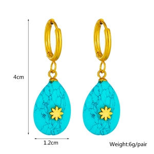 Vintage water drop turquoise earrings with gold flower charms in stainless steel