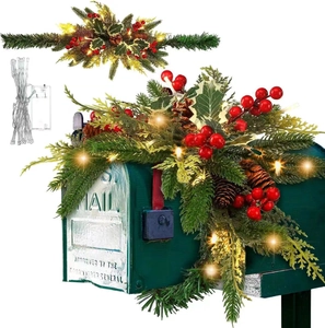 Christmas mailbox swag with pine cones, red berries and warm LED lights for home decor