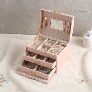 Multi-layer pink PU leather jewelry box with drawers and built-in mirror for storage