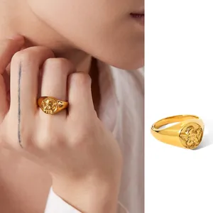 Vintage style 18K gold plated stainless steel oval angel signet ring for women