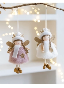 Close-up of plush Christmas angel ornaments with pink and white faux fur and gold wings