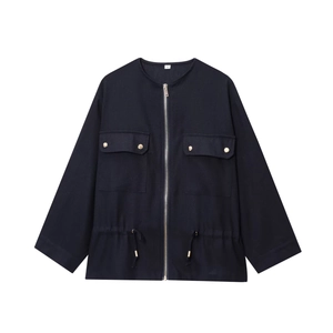 Navy blue women's drawstring jacket with gold buttons and utility flap pockets