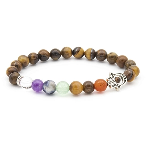 Bracciale di perle occhio di tigre e chakra con ciondolo mano di Fatima in argento