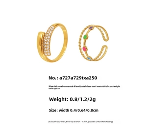 Detail of gold-plated stainless steel rings with 5A zircon pavé and colorful enamel dots