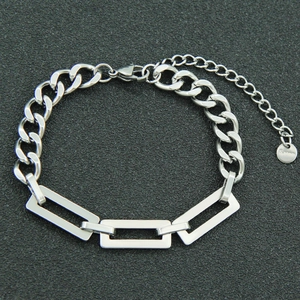 Hip hop silver Cuban link bracelet with geometric rectangular拼接 links and lobster clasp