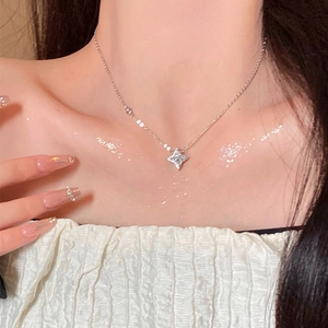 Four Pointed Star Pendant Necklace Shiny Zircon Inlaid Copper Clavicle Chain For Women Elegant Fashion Jewelry